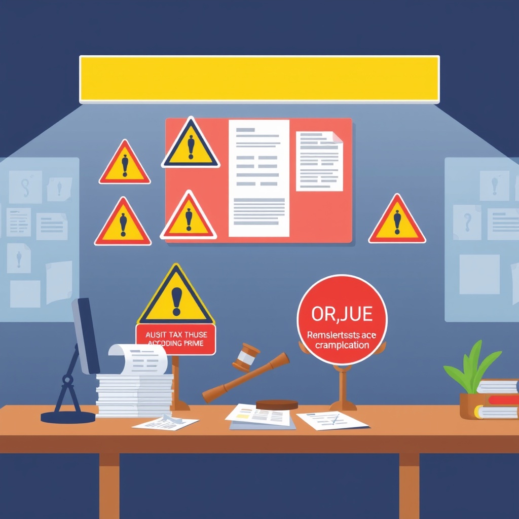 Professional stock photo of compliance and penalty framework illustration showing warning signs, audit documents, and legal consequences for tax violations in a serious business environment