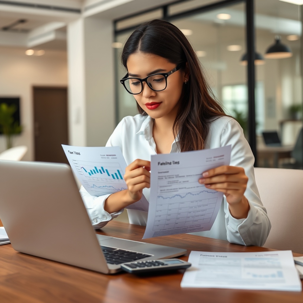 Professional stock photo of a Colombian freelancer reviewing tax documents on a laptop, with calculator and financial charts visible, modern office background, natural lighting, business professional style