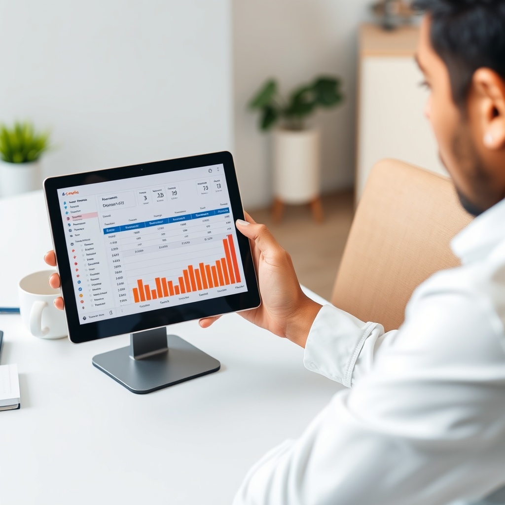 Professional stock photo of organized digital accounting system on tablet screen, Colombian freelancer managing financial records, clean workspace with coffee cup, modern office setting, professional business aesthetic