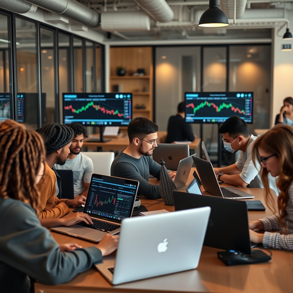 Professional stock photo of a diverse group of digital nomads working on laptops in a modern co-working space, with cryptocurrency charts visible on screens, representing personal income tax considerations for crypto activities