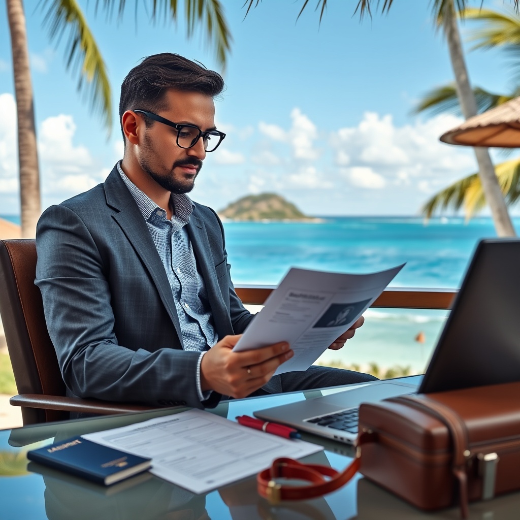 Professional stock photo of a businessman reviewing tax residency documents while working remotely from a tropical location, with passport and international travel items visible, symbolizing tax residency rules for expats