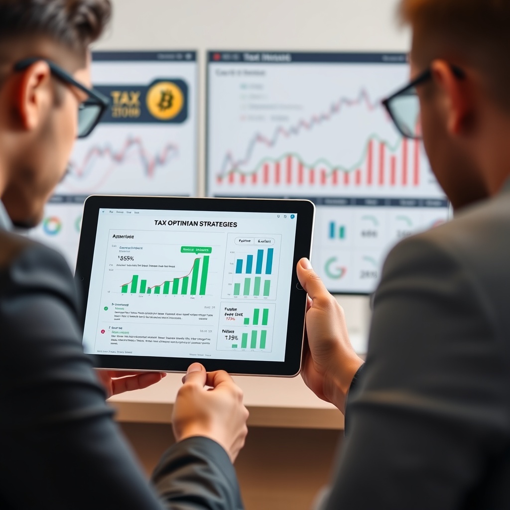 Professional stock photo of a financial advisor presenting tax optimization strategies on a digital tablet to a client, with cryptocurrency investment charts in the background