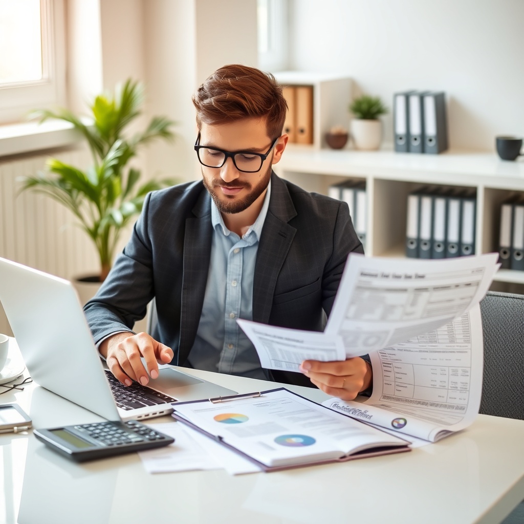 Professional stock photo of a freelancer reviewing tax documents and financial statements on a laptop, with calculator and coffee nearby, modern office setting with natural lighting