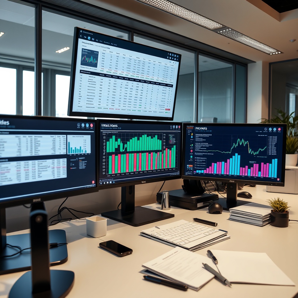 Professional stock photo of organized digital financial records displayed on multiple screens, with neatly arranged folders and documents in a contemporary workspace