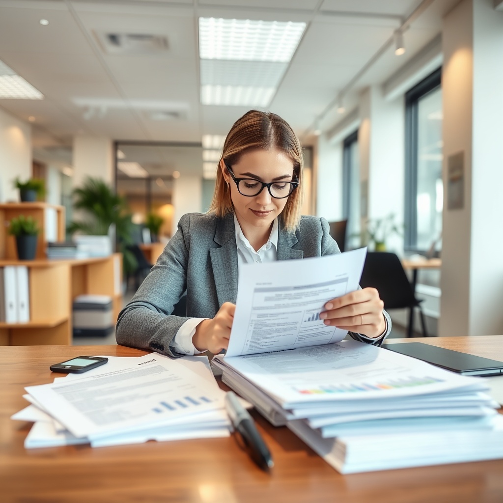 Professional stock photo of a business professional preparing financial compliance documents with audit checklist and organized paperwork in a clean office environment