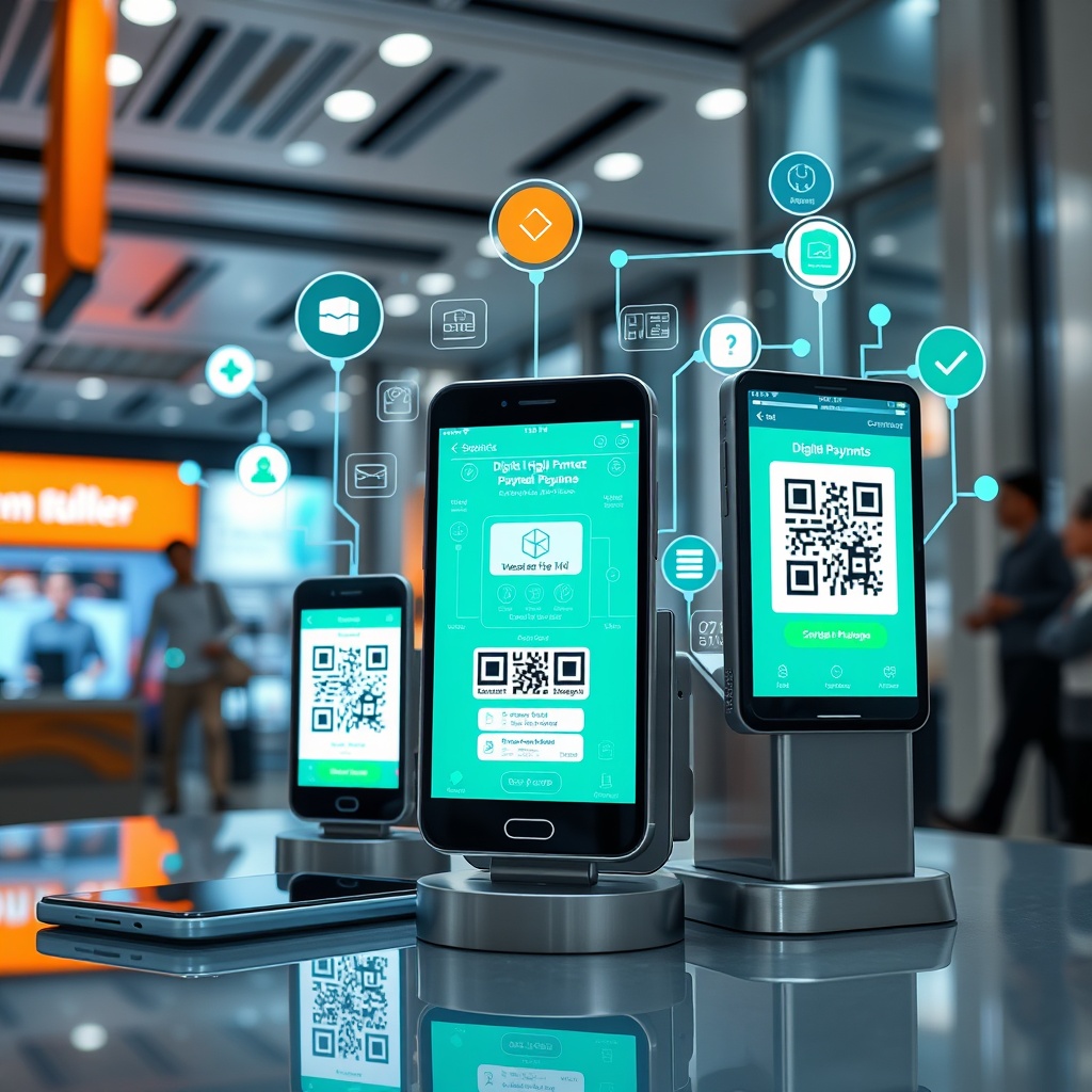 Professional stock photo of digital payment ecosystem in Asia showing mobile wallets, QR code payments, and real-time transaction processing on modern smartphones and tablets in a sleek financial technology environment