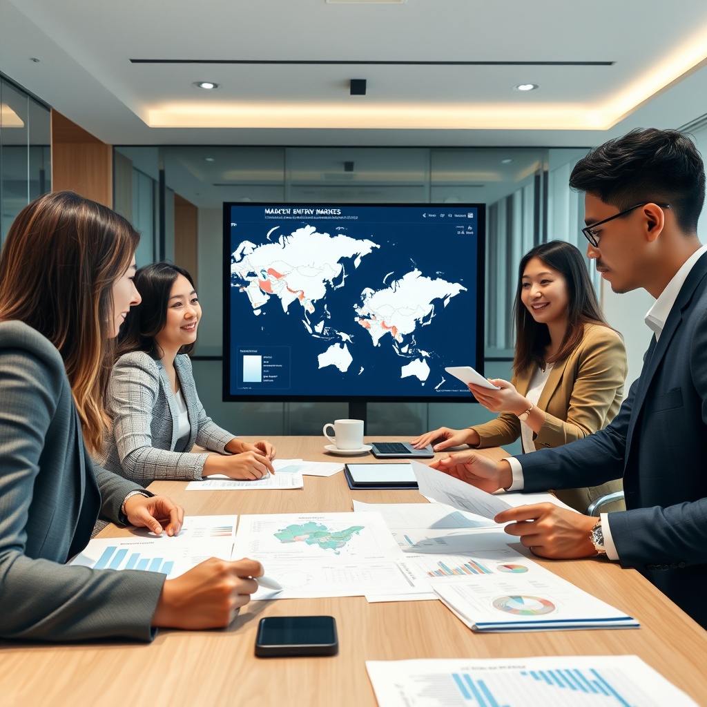 Professional stock photo of international business team analyzing market entry strategies across Asian markets, with digital maps, partnership models, and regulatory compliance documents in a modern boardroom setting