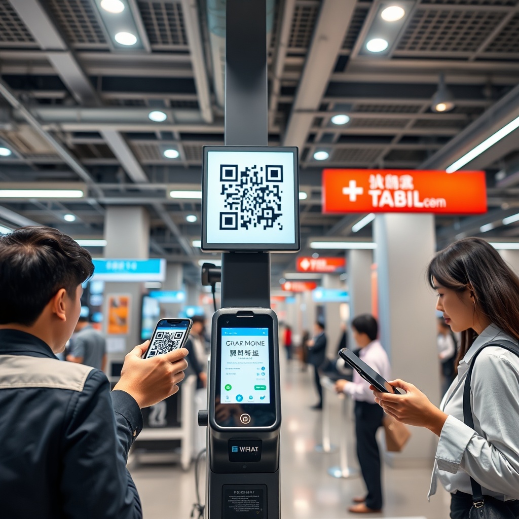Professional stock photo of modern digital payment infrastructure with QR code scanning, mobile payment terminals, and seamless transaction processing in an Asian business environment, showcasing technological innovation in financial services