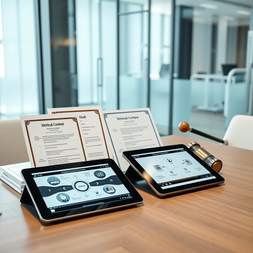 Professional stock photo of intellectual property documents, patent certificates, and legal frameworks displayed on a modern desk with digital tablets showing AI-generated content and innovation diagrams in a corporate office setting