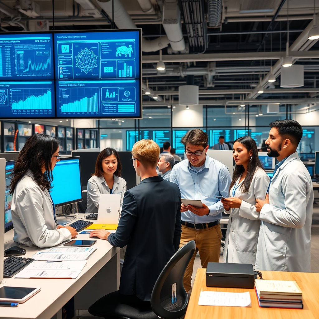 Professional stock photo of diverse professionals collaborating in a modern AI research center with advanced computing equipment, digital screens displaying data analytics, and educational materials in a high-tech learning environment
