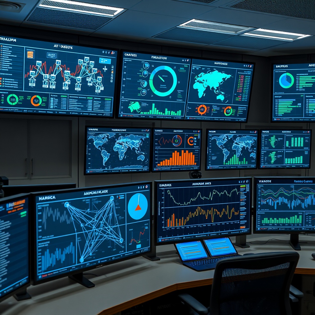 Professional stock photo of advanced AI-powered transaction monitoring dashboard with real-time data visualization, network analysis diagrams, and behavioral analytics charts displayed on multiple high-resolution screens in a modern financial institution control room.