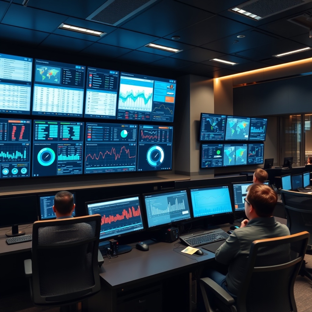 Professional stock photo of sophisticated real-time monitoring command center with multiple large screens displaying live transaction data, automated reporting dashboards, and compliance visualization tools in a contemporary financial operations environment.