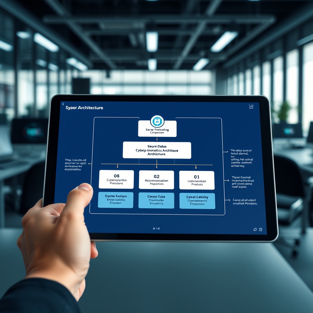 Professional stock photo of multi-layered cybersecurity architecture diagram displayed on a tablet, with secure data encryption visualization and incident response protocols shown in a modern financial technology workspace.