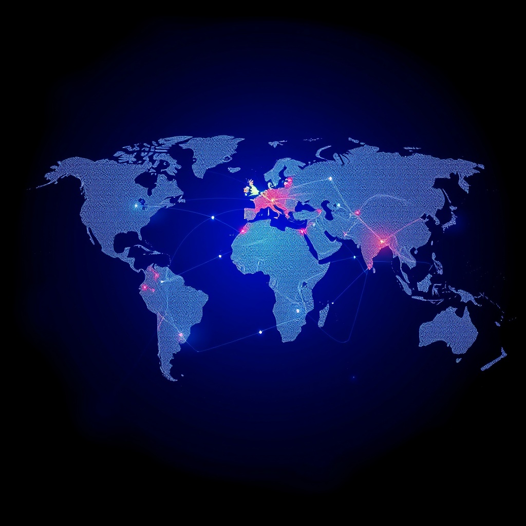 Global map with highlighted countries and digital network connections representing international AI talent competition, professional business stock photo style