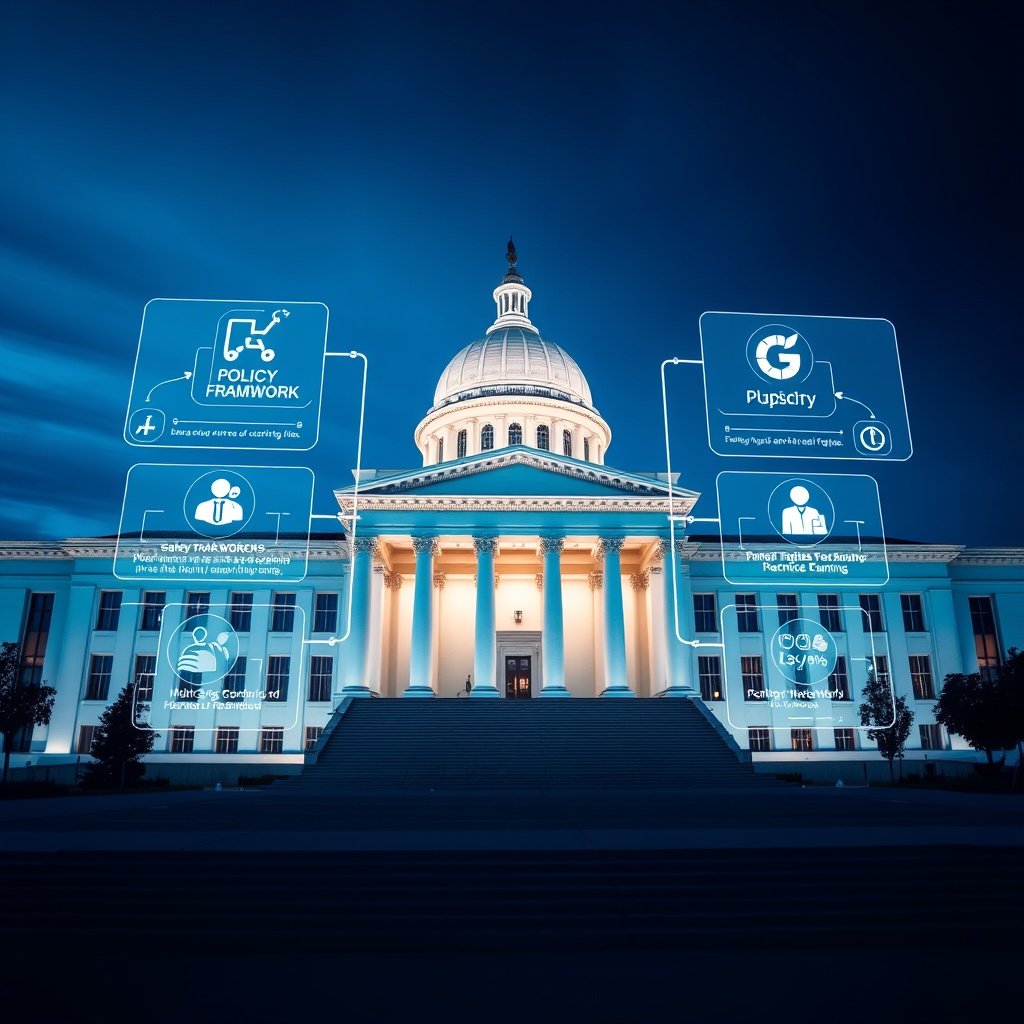 Modern government building with digital interface showing policy frameworks and strategic planning, professional corporate stock photo style