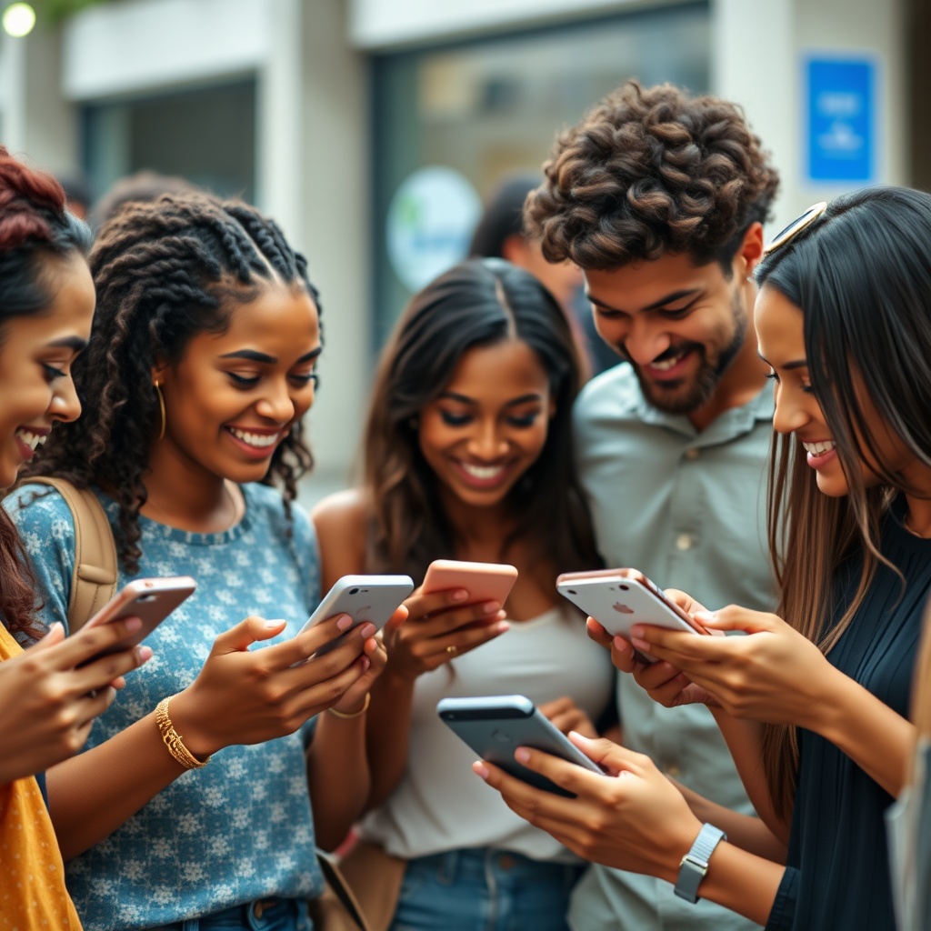 Professional stock photo of a diverse group of Brazilian consumers using smartphones for instant payments, showing convenience and satisfaction with digital transactions in everyday life settings