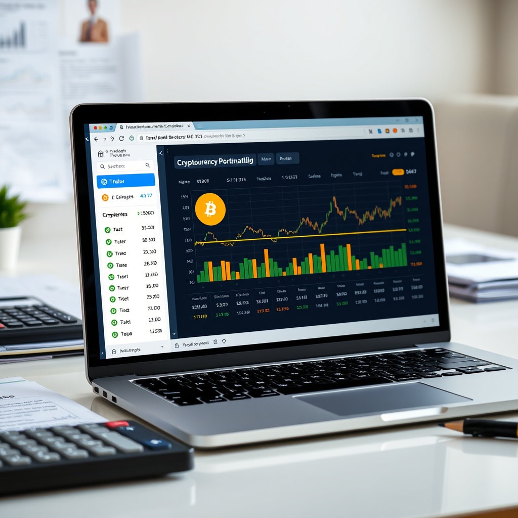 Professional stock photo of a modern laptop displaying cryptocurrency portfolio tracking software with tax calculation features, clean office desk background with financial documents and calculator, natural lighting, business-focused composition
