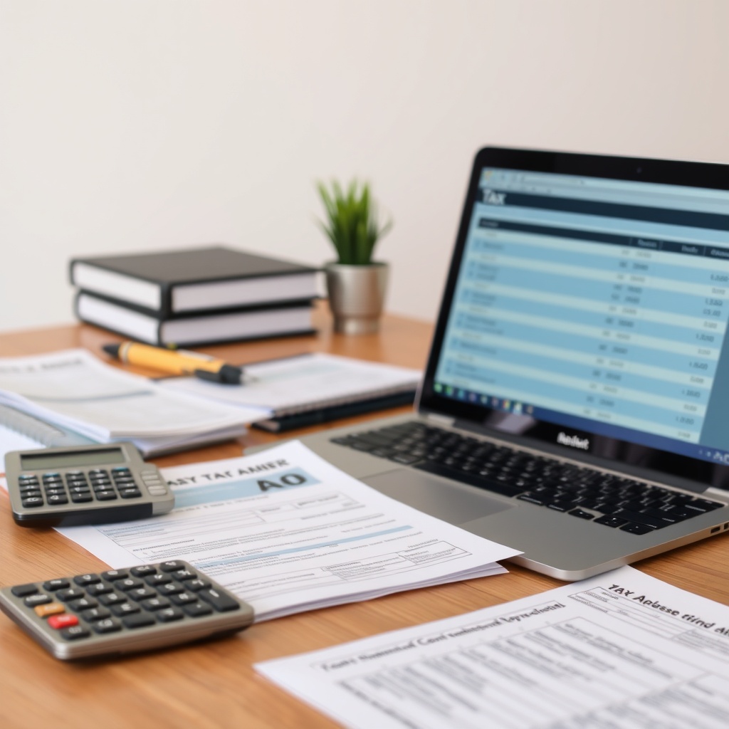 Stock photo of an organized workspace with tax documents, calculator, and laptop showing expense tracking software, professional business environment with clean background, focused on financial organization and deduction management