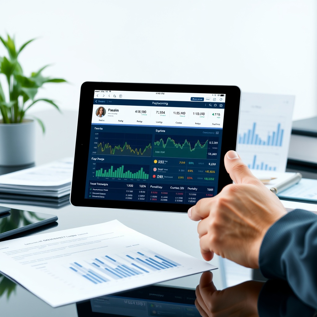 Professional image of a modern banking interface on tablet screen with cryptocurrency conversion charts, financial documents in background, clean corporate setting emphasizing compliance and financial reporting requirements