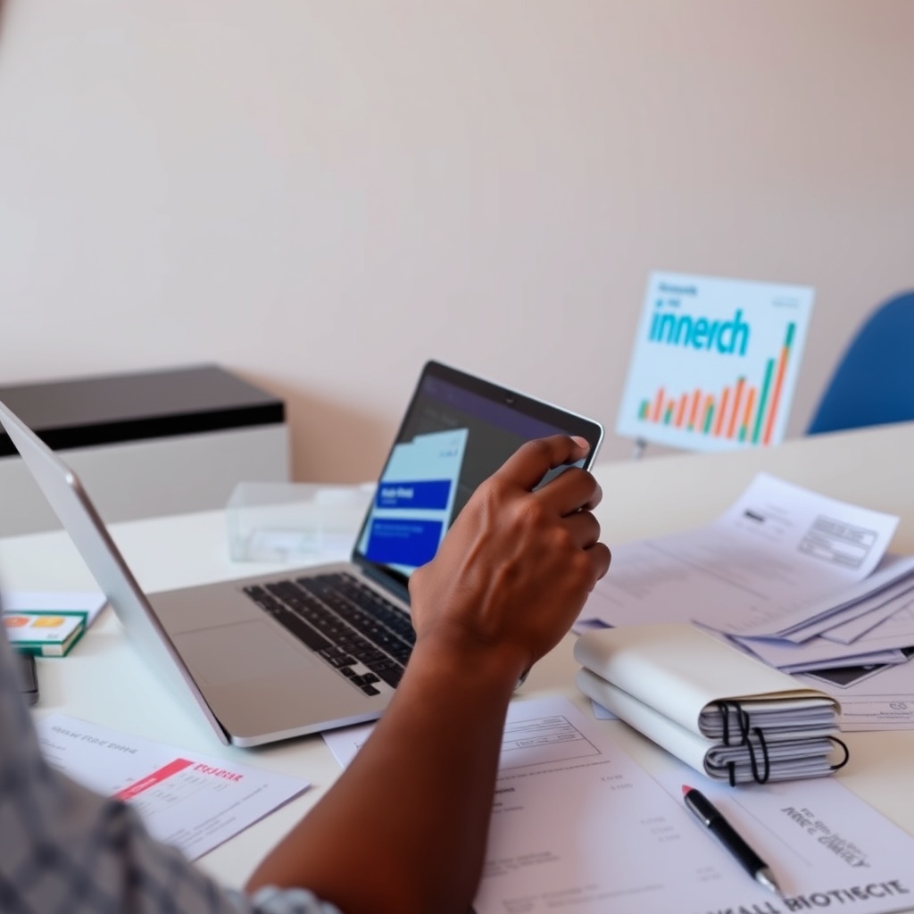 Professional stock photo of a freelancer in Congo using digital accounting software on laptop, with organized financial documents and receipts visible on a clean workspace