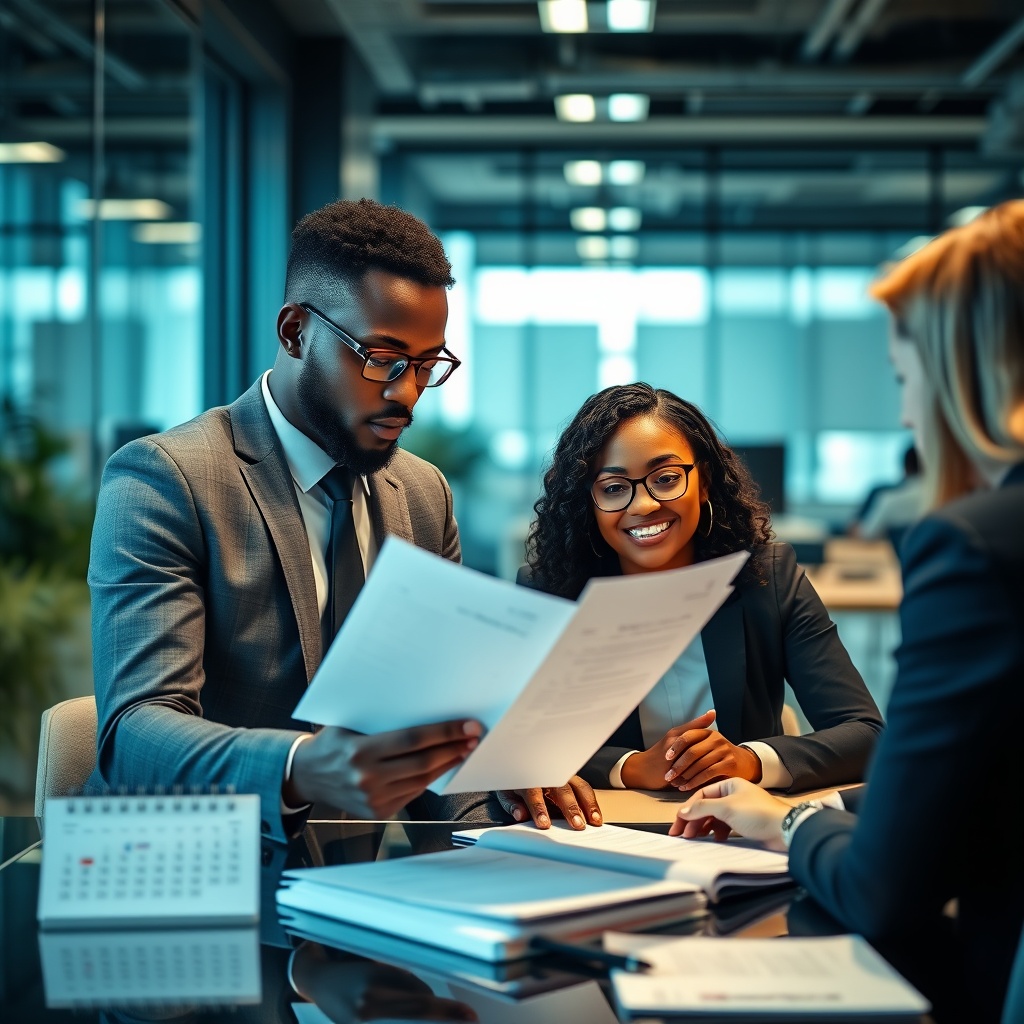 Professional stock photo of a Congolese freelancer reviewing compliance documents with a financial advisor in a modern office setting, with calendar and regulatory updates visible