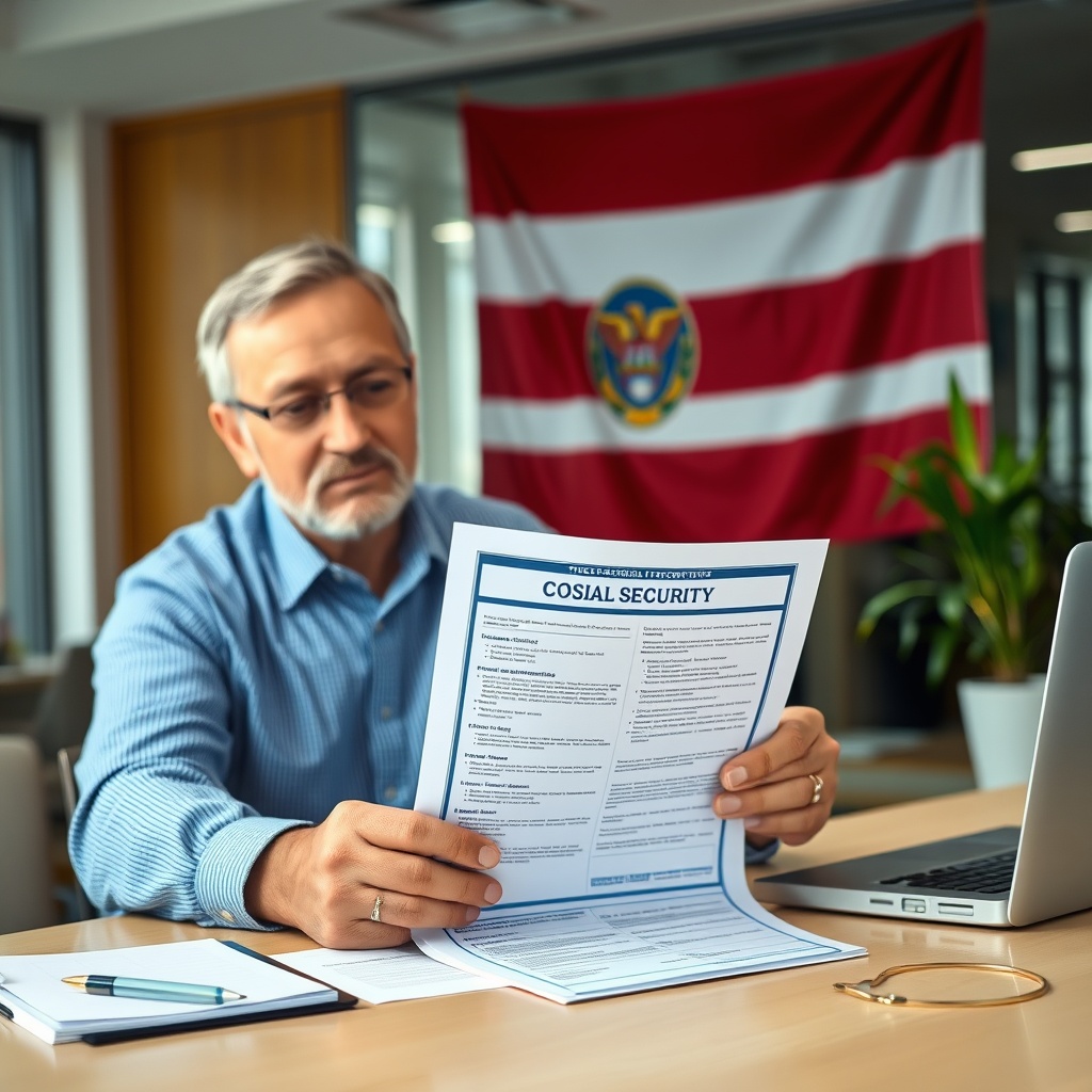 Professional stock photo of a person reviewing social security documents and healthcare benefits paperwork on a desk with Costa Rican flag in background, modern office setting