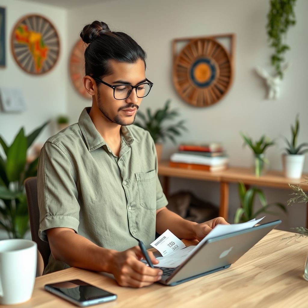 Professional stock photo of a freelancer organizing business expense receipts and tracking deductions on digital tablet, home office environment with Costa Rican decor elements