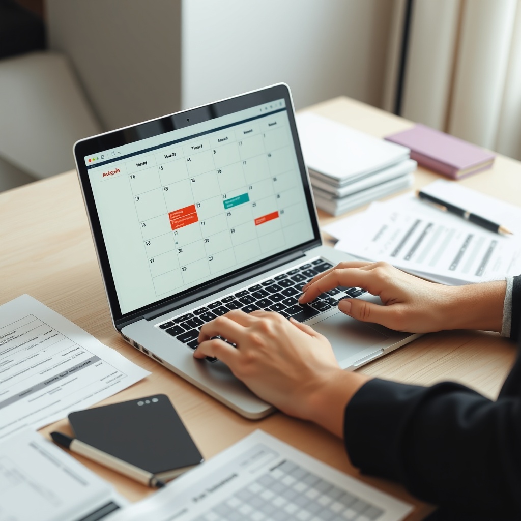 Professional stock photo of a person making online tax payments on laptop with calendar showing deadlines, financial documents organized neatly on desk