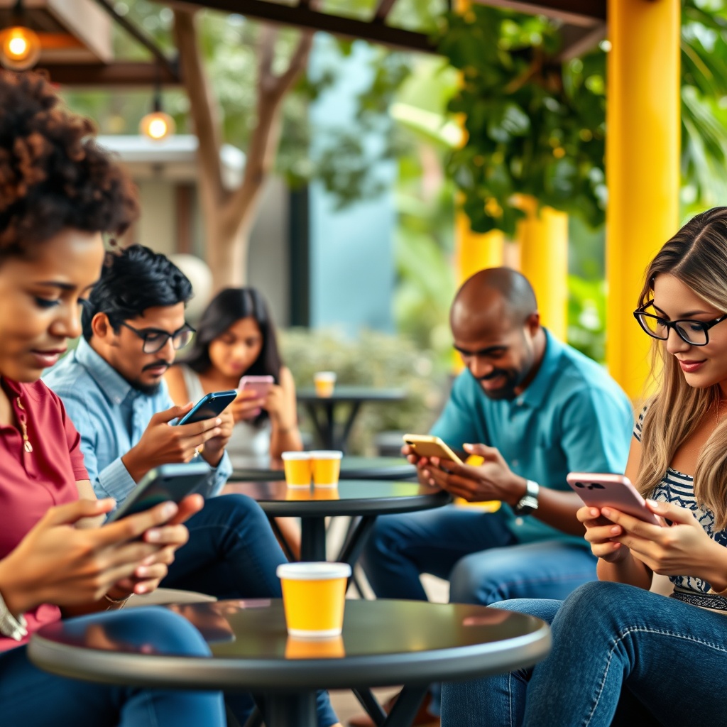 Professional stock photo of a diverse group of Costa Rican consumers using mobile banking apps on smartphones, showing convenience and accessibility in everyday settings like cafes, parks, and homes