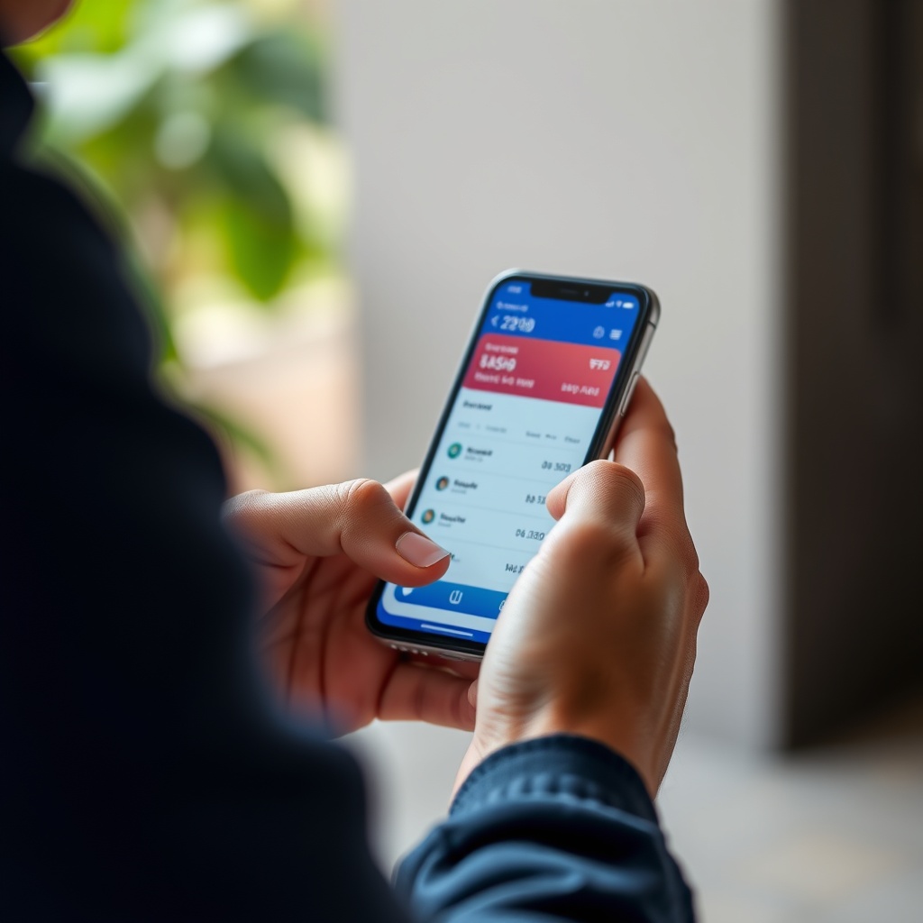 Professional stock photo of a person in Costa Rica using advanced mobile banking features on a smartphone, showcasing modern financial technology interface with clear visual indicators of digital transactions