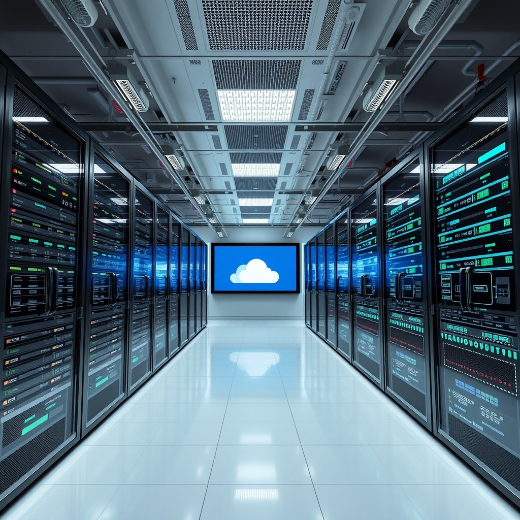 Professional stock photo of modern banking technology infrastructure in Costa Rica, showing servers, cloud computing systems, and API integration with clean, futuristic aesthetic