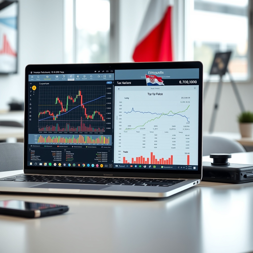 Professional stock photo of a modern laptop displaying cryptocurrency trading charts and tax calculation software, with a Croatian flag subtly visible in the background, clean office setting with natural lighting