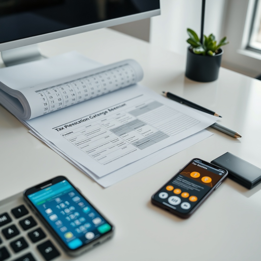 Professional stock photo of organized digital tax documents and filing calendar on a modern desk, with cryptocurrency wallet app visible on a smartphone, clean minimalist office environment