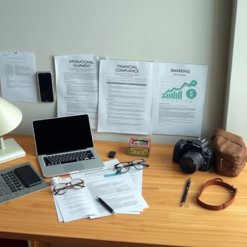 Professional stock photo of international banking documents and financial compliance paperwork arranged neatly on a desk, with digital nomad work setup including laptop and travel accessories