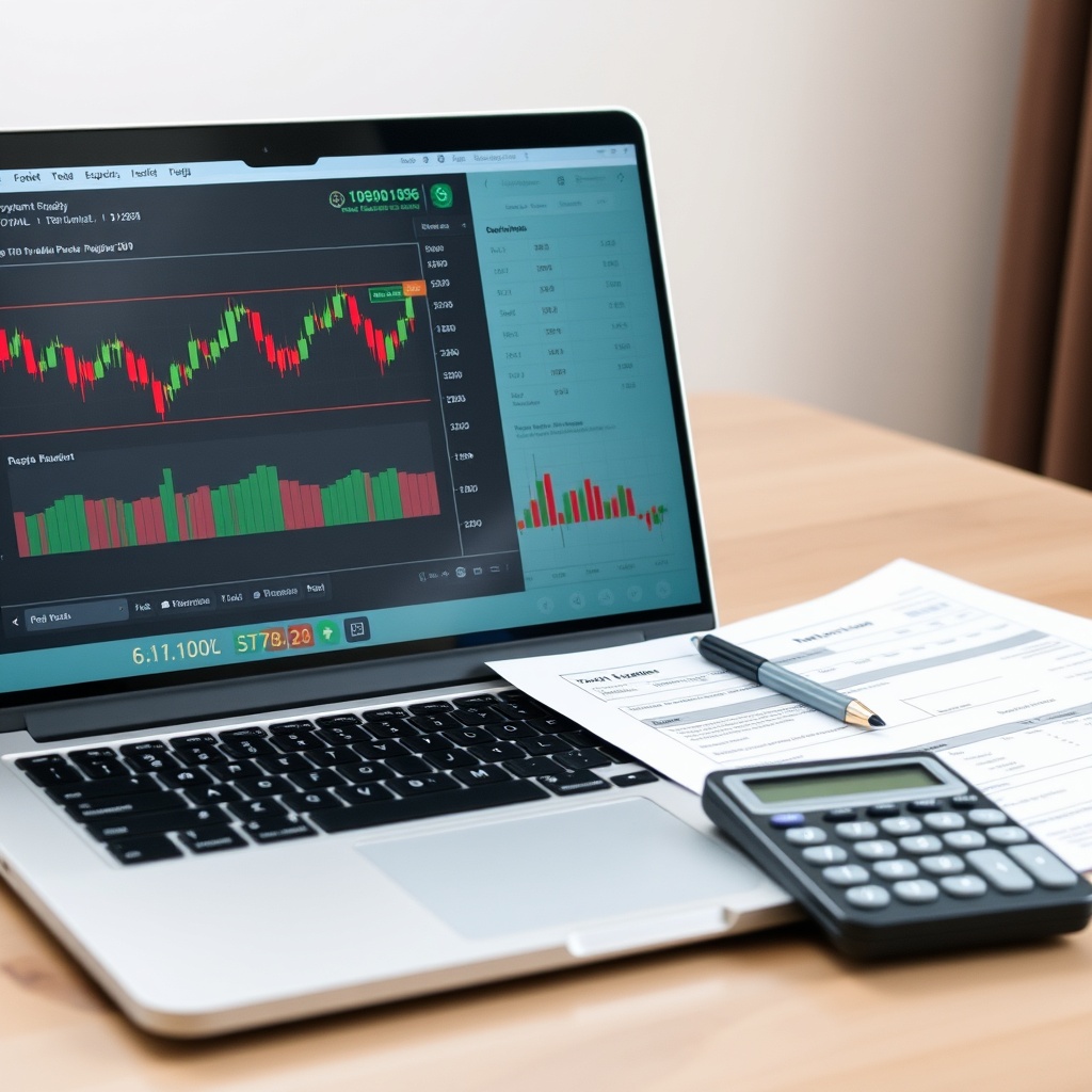 Professional stock photo of a modern laptop displaying cryptocurrency trading charts with tax documents and a calculator nearby, representing crypto taxation considerations for expats in Brunei