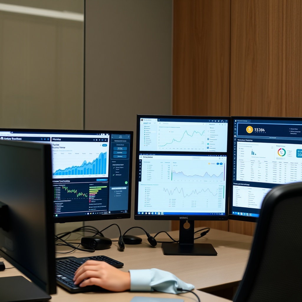 Professional stock photo of a business professional setting up a digital workspace with multiple monitors showing crypto portfolio management tools and secure storage solutions
