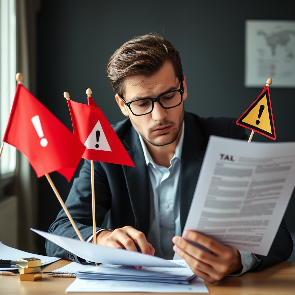 Professional stock photo of a concerned business person reviewing tax documents with red flags and warning symbols, representing common crypto tax compliance mistakes to avoid