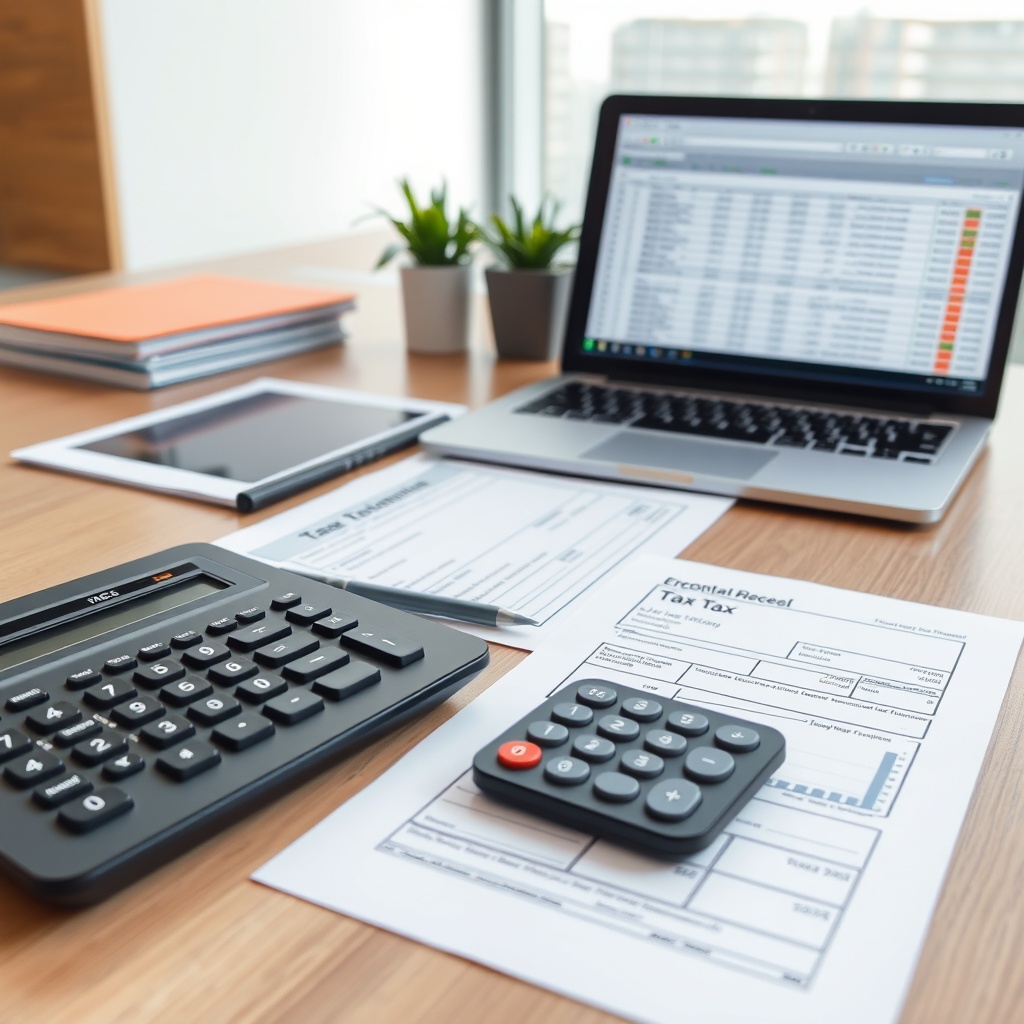 Professional stock photo of a modern office desk with tax documents, calculator, and laptop showing financial spreadsheets, representing income tax obligations for freelancers in Brunei