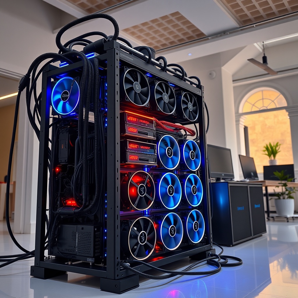 Professional stock photo of a modern mining rig setup with cooling systems and LED lights, placed in a clean office environment with Mediterranean architectural elements visible