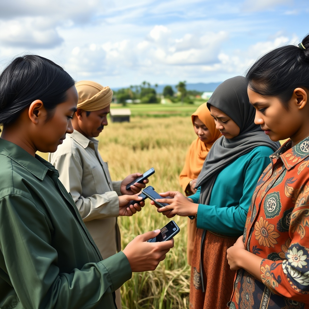 Professional stock photo showing digital financial inclusion initiatives with mobile banking demonstrations in rural Brunei settings, diverse community members using smartphones for financial services