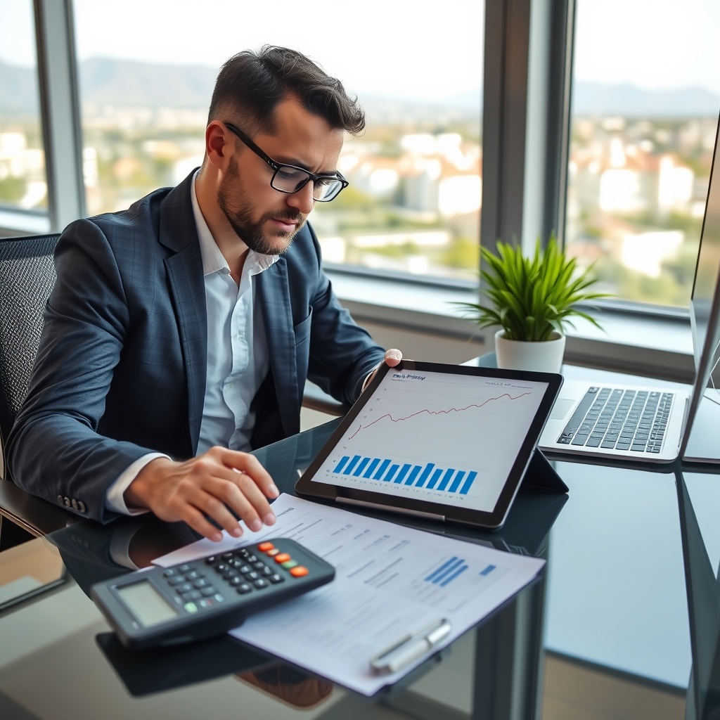 Professional stock photo of a freelancer reviewing progressive tax brackets on a tablet with calculator and financial documents on a modern desk, Cyprus landscape visible through window