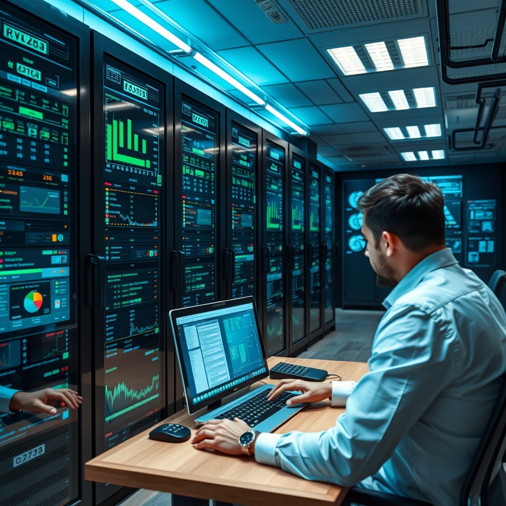Professional stock photo depicting cybersecurity and data protection measures in digital banking, featuring secure server rooms, encrypted data visualization, and IT professionals monitoring security systems