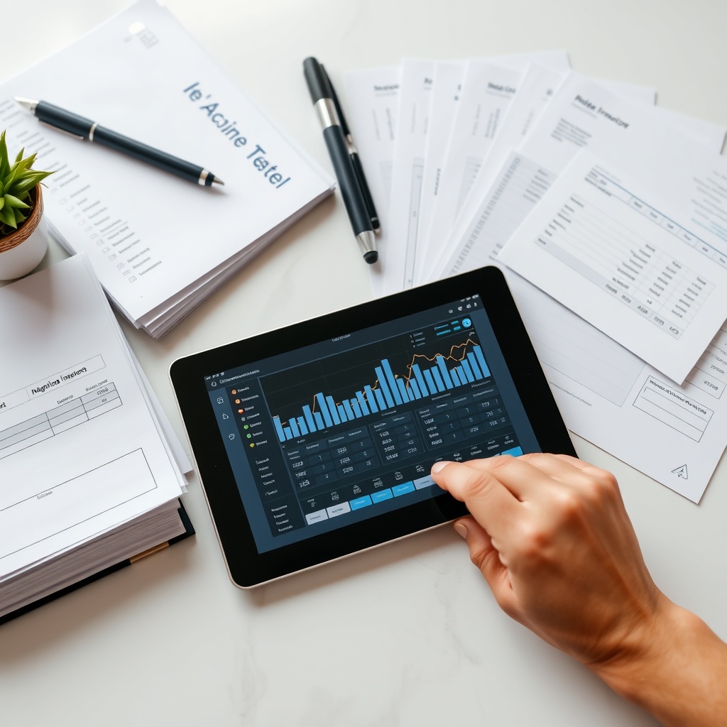 Professional stock photo of organized financial records and invoices on a clean workspace with digital tablet showing accounting software, representing efficient record keeping for freelancers
