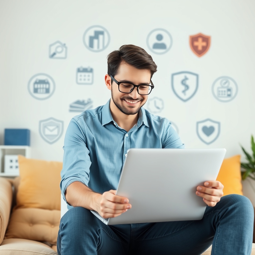 Professional stock photo of a freelancer reviewing insurance documents and professional indemnity coverage on laptop with healthcare and liability protection symbols in background