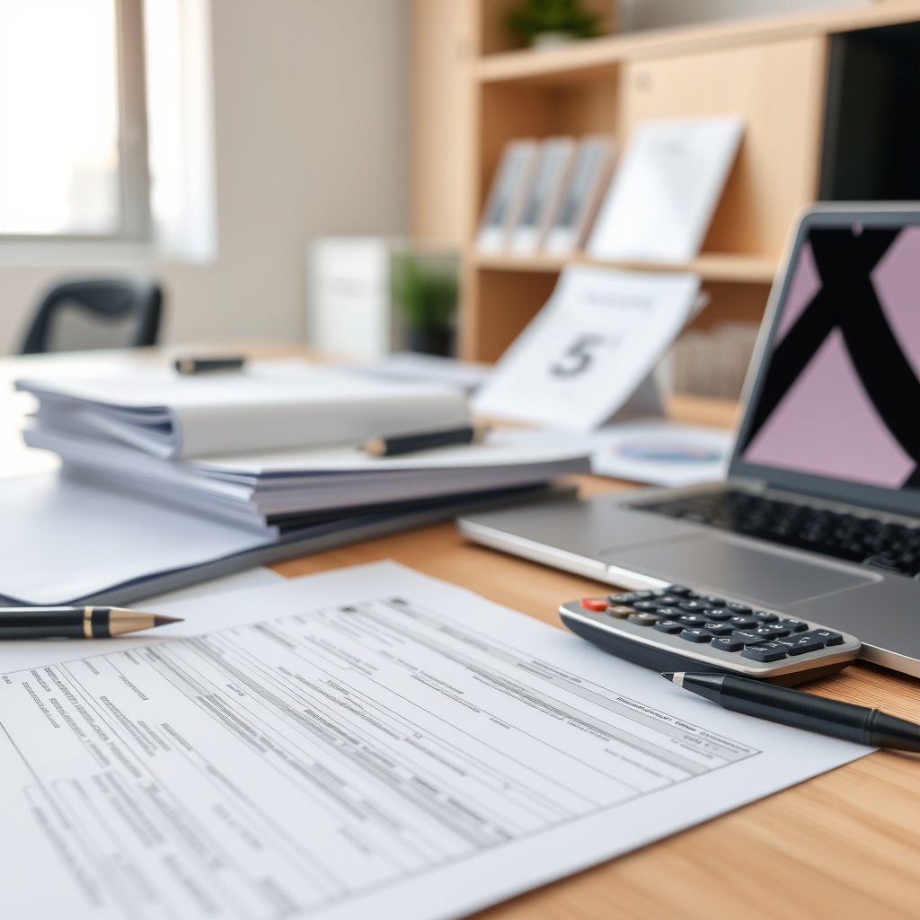 Professional stock photo of organized tax documents and financial records on a desk with calculator and laptop in a modern office setting