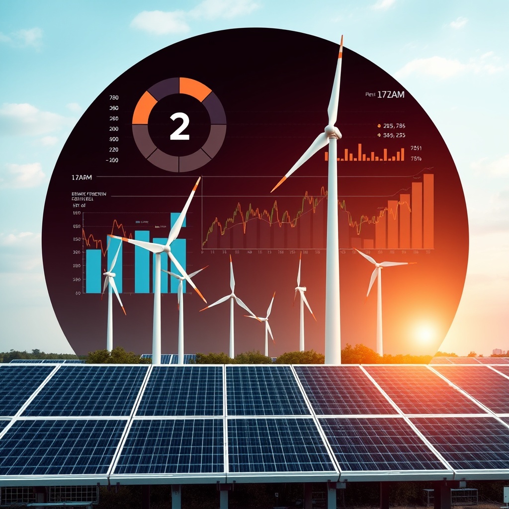 Professional stock photo of modern energy infrastructure with financial charts overlay, showing wind turbines and solar panels alongside corporate financial data visualization