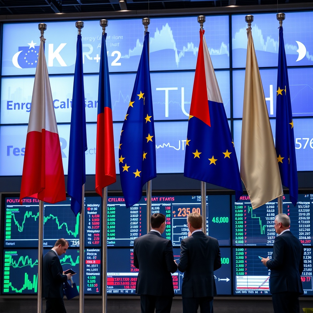 Professional stock photo of European Union flags alongside Czech national symbols, with energy market data displays and international business executives in discussion
