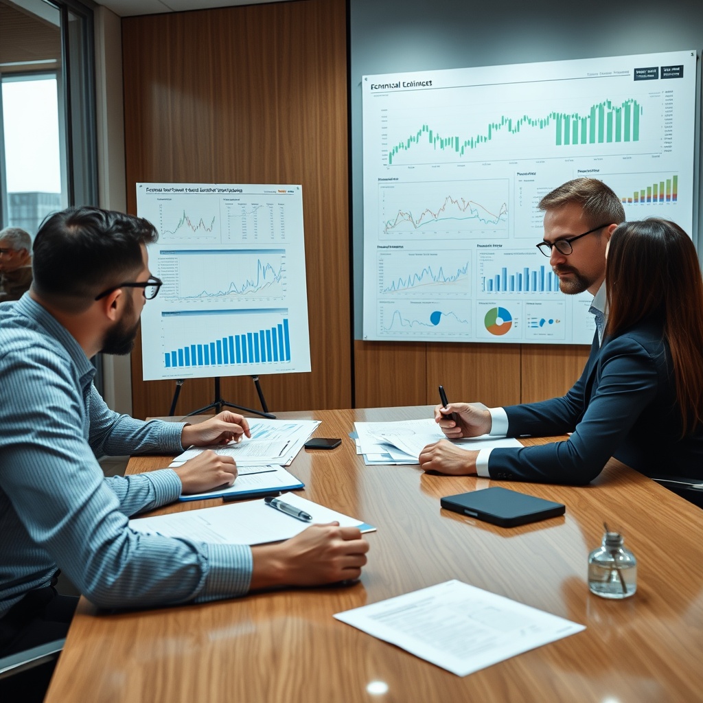 Professional stock photo of economic analysts reviewing complex financial models and macroeconomic data charts in a modern corporate boardroom setting