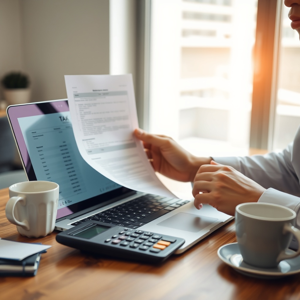 Professional stock photo of a freelancer reviewing tax documents and financial statements on a laptop, with calculator and coffee cup on a modern desk, natural lighting, business setting