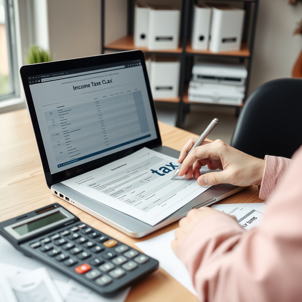A professional stock photo showing a freelancer calculating income tax on a laptop with Czech tax forms visible, modern home office setting with calculator and financial documents